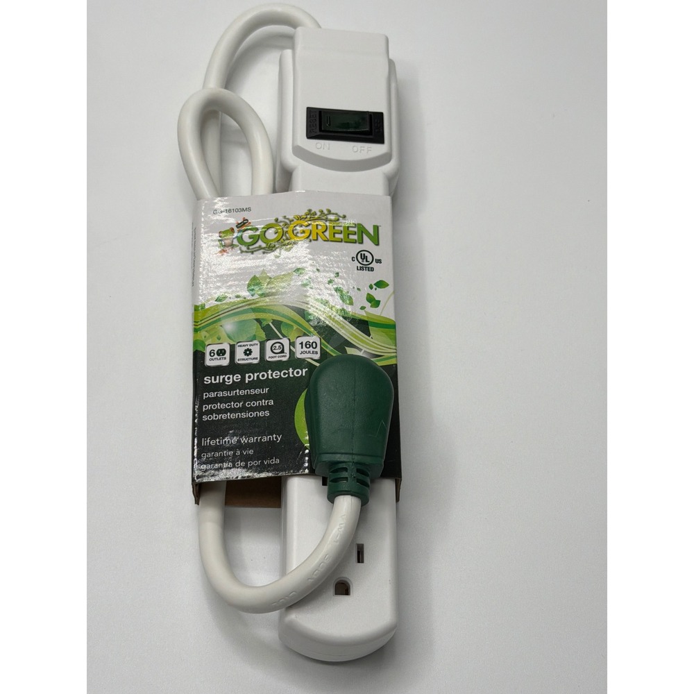 GoGreen 6 Outlet Surge Protector Power Strip 2.5ft‎ Cord White GG-16103MS 160